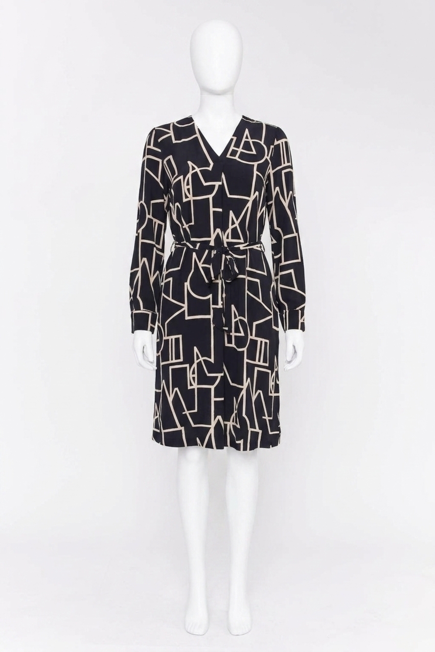 NEW DOLCEZZA v-neck long-sleeved knit dress in black/beige